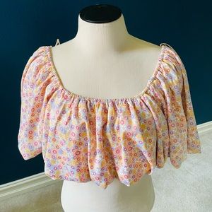 ZARA Printed Satin Effect Puff-Sleeve Off-The-Shoulder Crop Top Women’s One S &L